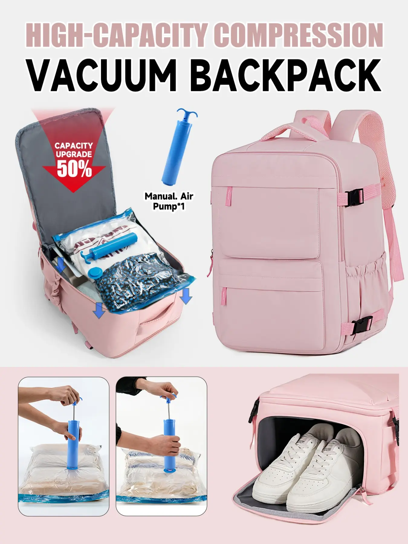 New model luggage bag, vacuum compression backpack, equipped with air pump, set combination, approved for aircraft cabin, increases main bag capacity by 50% after vacuuming, travel bag luggage bag, suitable for business trips, travel, daily commuting, vac
