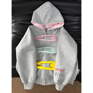 American Fun Detachable Hairpin Sweatshirt Sweet Retro Zipper Jacket Polka Dot Splicing Hooded Sweatshirt Punk Sweatshirt Jacket