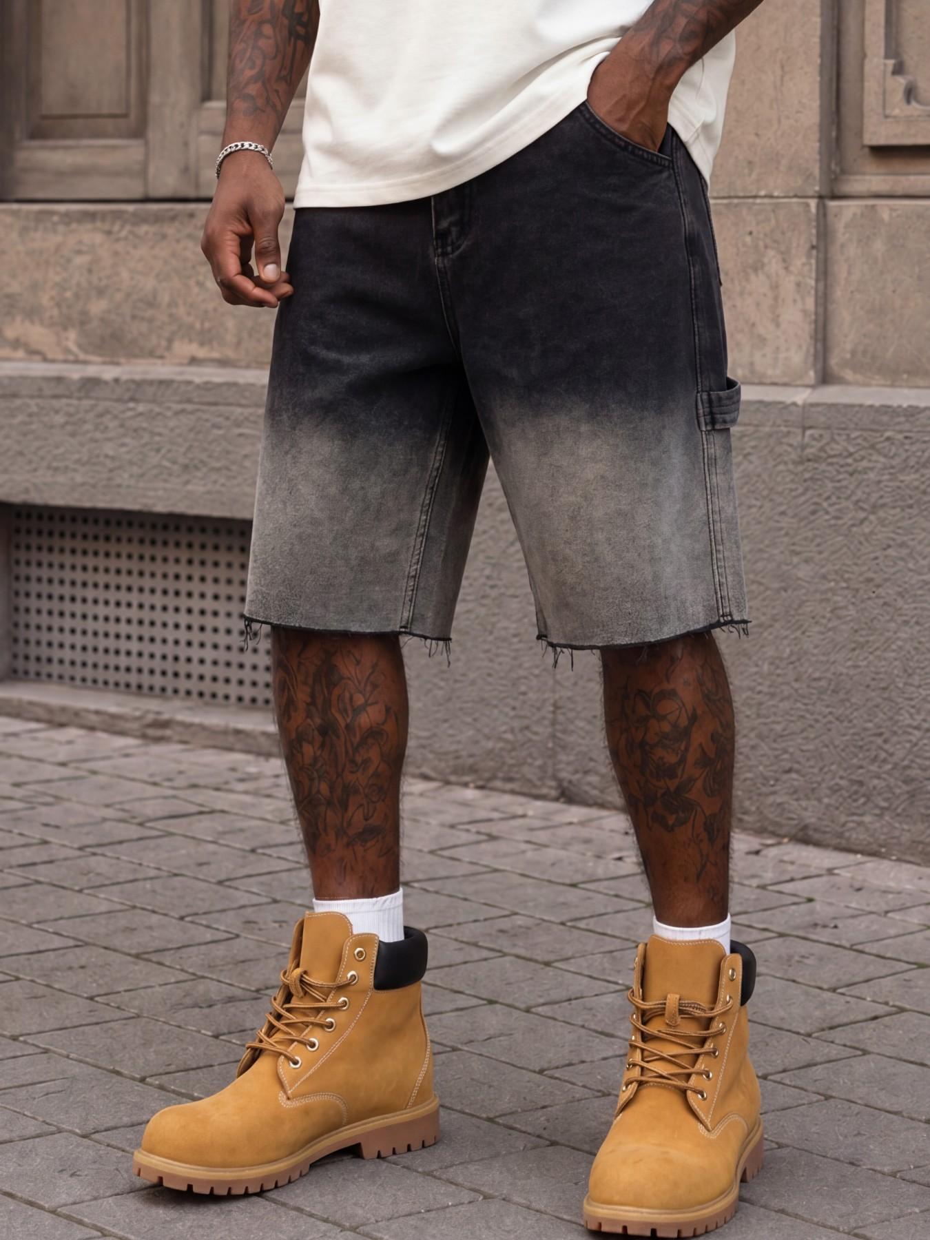 Men's Black Gray Gradient Washed Loose Denim Shorts, Knee-Length Frayed Hem Cargo Jorts, Vintage Y2K Hip-Hop Skate Streetwear Summer Casual Men's Denim Shorts, Suitable as an Everyday Outfit Gift for Husband or Boyfriend