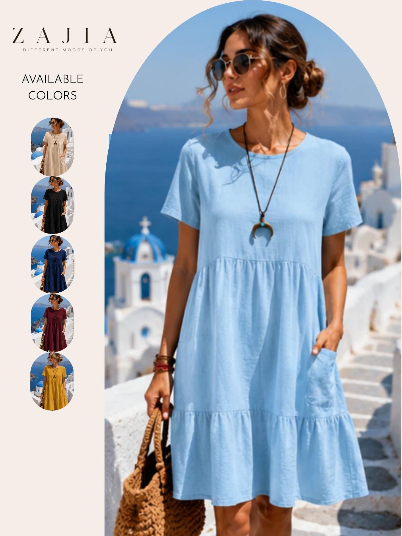 2026 Summer Cotton Linen Casual Womenswear Midi Dress, Breathable Loose Fit Short Sleeve, Round Neck Tiered Ruffle with Pockets, Comfy for Vacation & Daily Wear