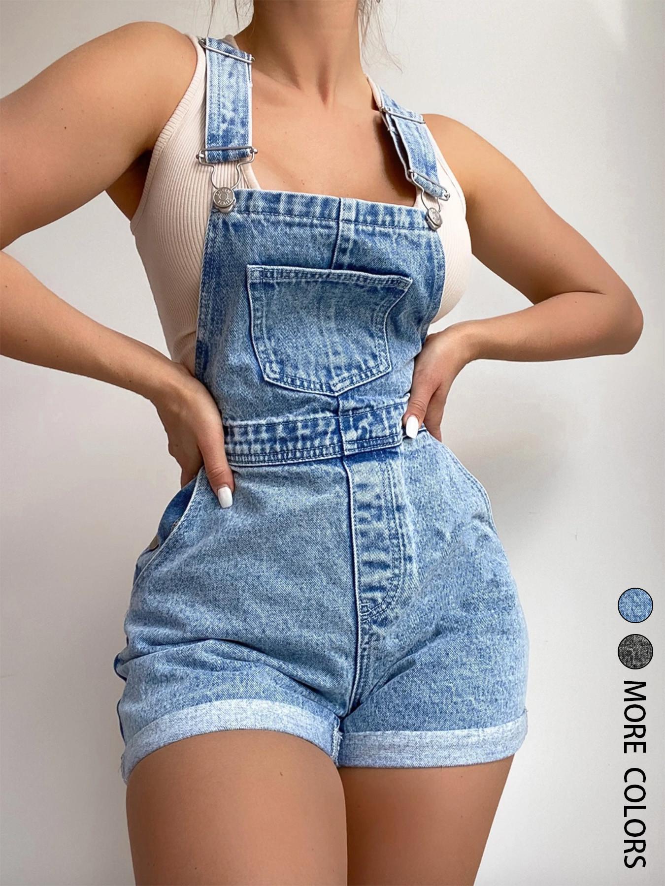 Women's Casual Roll Up Hem Denim Overalls Strap, Jeans Overalls, Shorts Bib Overalls, Vintage Denim Backless Shorts, High-Waisted Roll-Up Hem Casual Style, Loose-Fitting, Comfortable Fit, Perfect for Daily Wear, Adjustable, Baggy