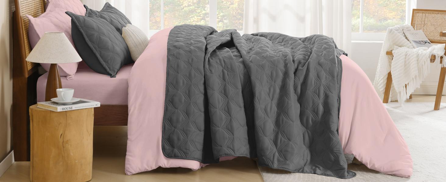 Litanika 3-Piece Bedspread Set - Lightweight Quilt Coverlet w/ Pillowcases | All Season (Dark Grey/Beige/Grayish Blue)