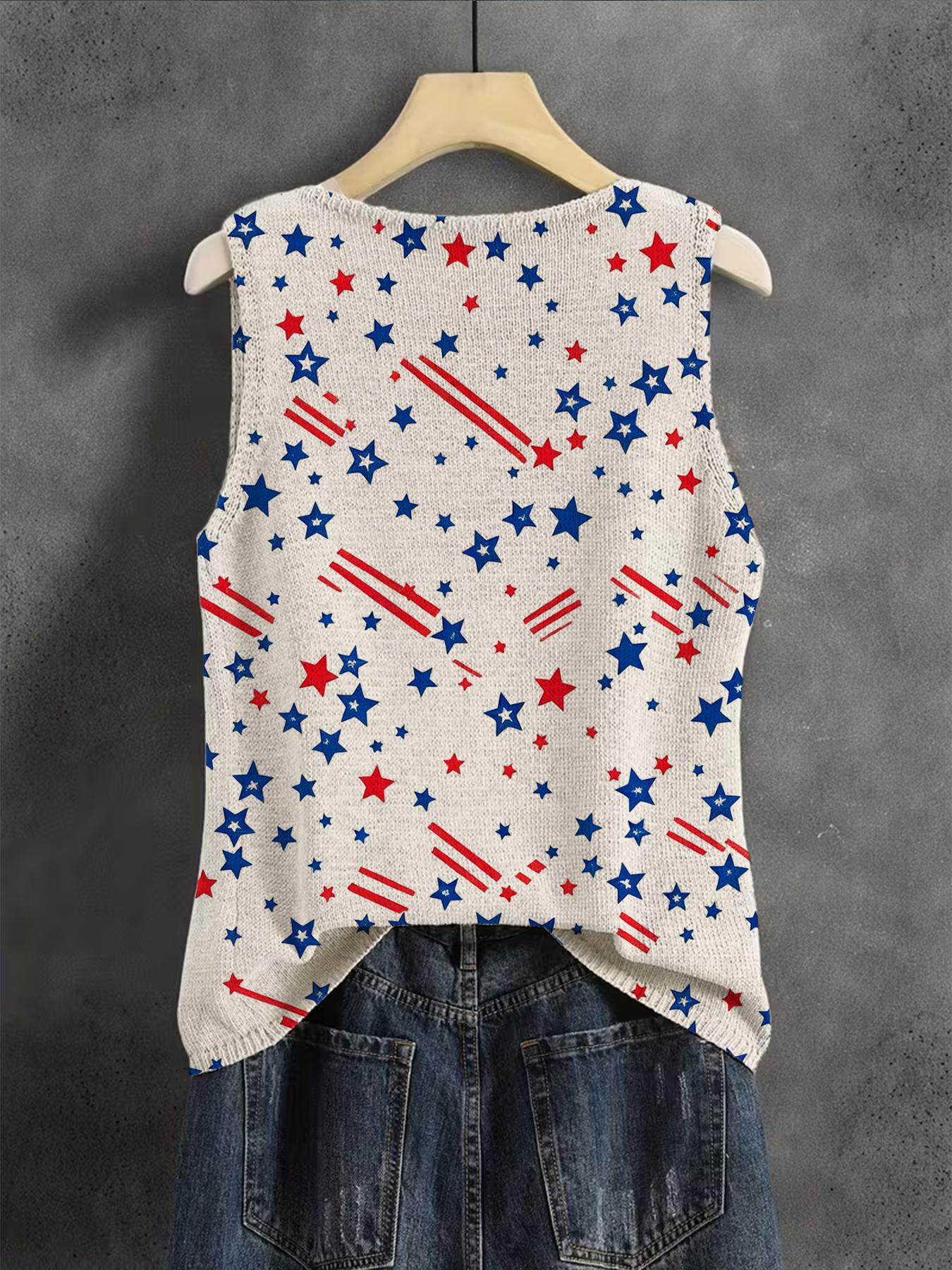 Women's Independence Day Geometric Star Print Round Neck Sweater Vest, Casual Sleeveless Knit Top, Comfortable Breathable Clothing