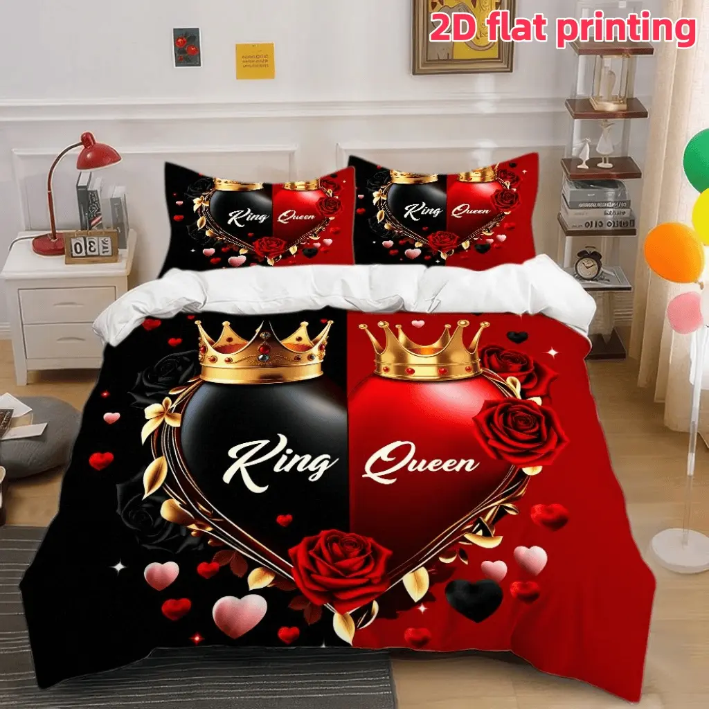 2D Flat 3Pcs King Queen Crown Heart Bedding Romantic Black Red Rose Theme Duvet Cover (1 + 2 Pillowcases, No Insert) - Suitable for Bedroom and Dormitory Room Home Decoration.