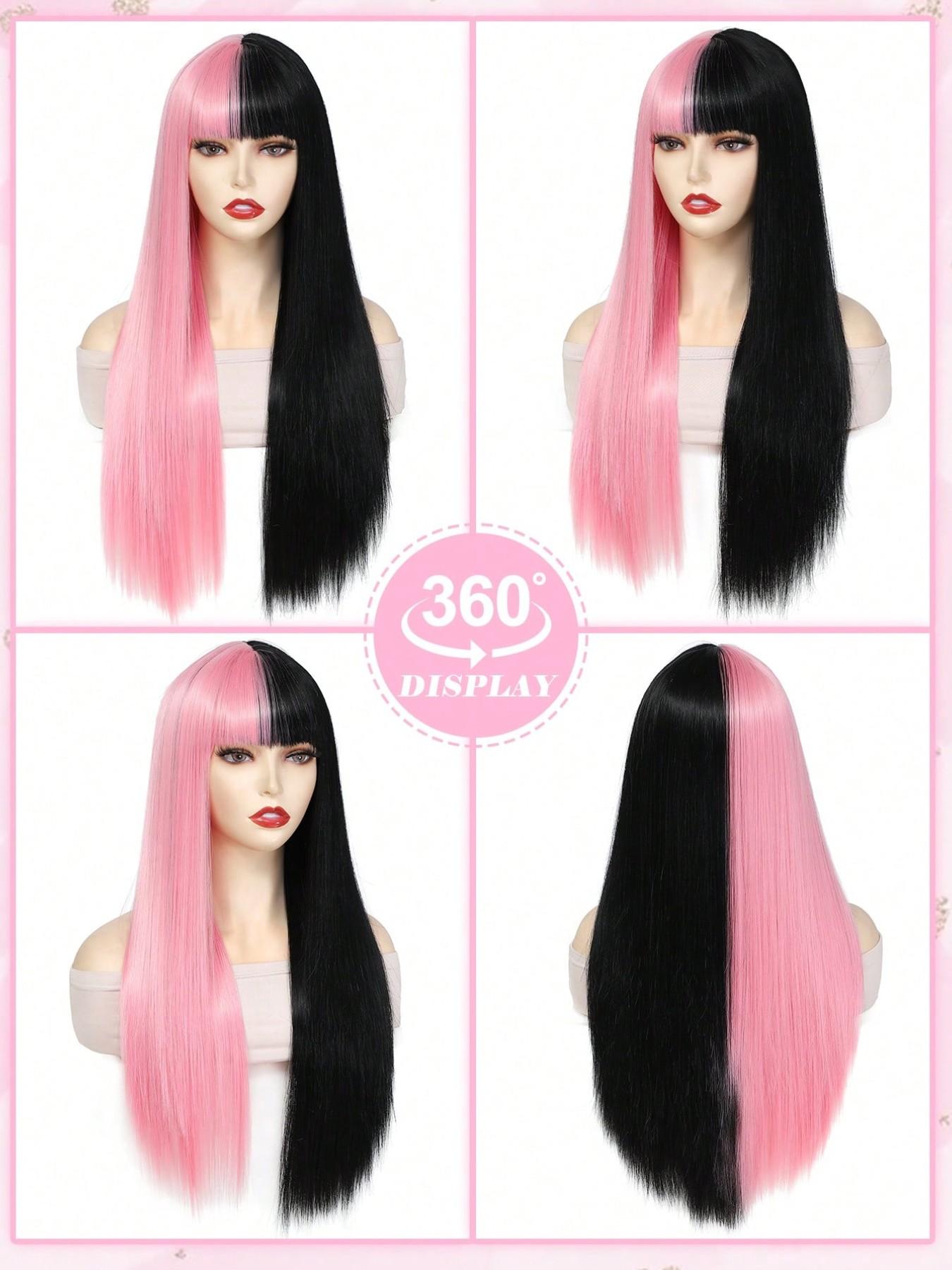 26 inch Cosplay Extension Hair Wig Pink And Black Color Synthetic Straight Hair Wig With Bangs Hair for women Wear Cosplay holiday Daily Halloween and Christmas New Year Carnival Music Festival
