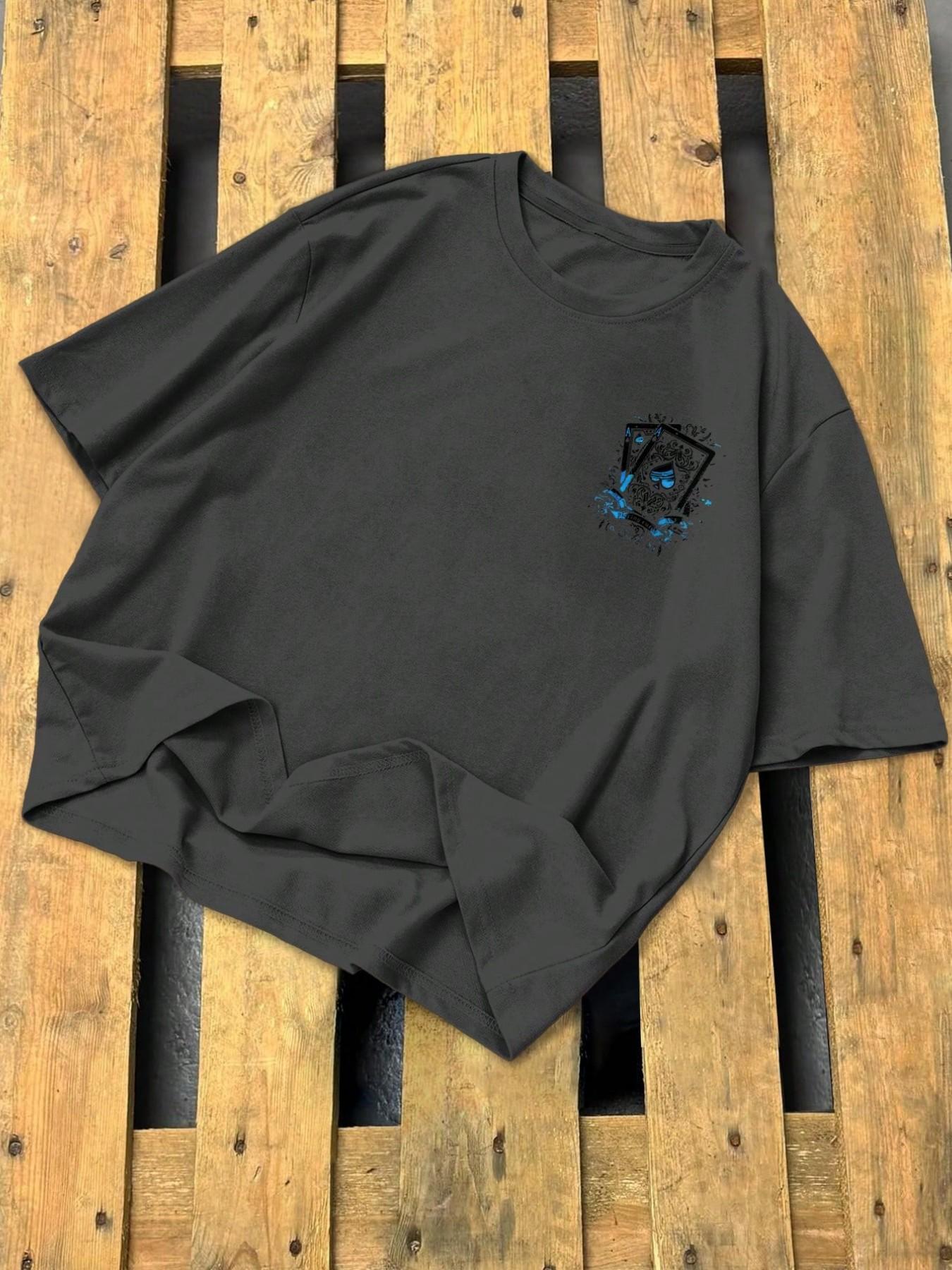 Oversized Spade Pattern T-shirt for Men, 2026 Summer Street Style Poker Printed T-shirt, Retro Y2K Harajuku Casual Cotton Top, Hip Hop Street Style Short Sleeve, Casual Daily Wear