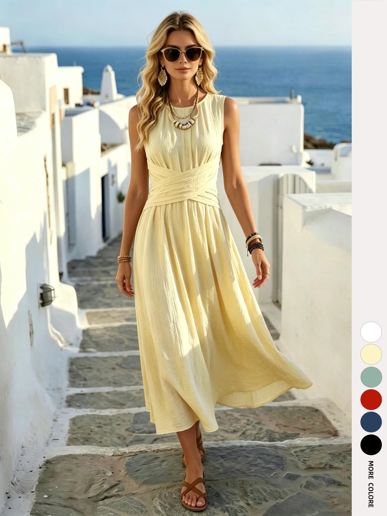 Boho Style Lightweight Sleeveless Midi Dress, Loose Fit Casual Daily Wear, Summer Women's Dress