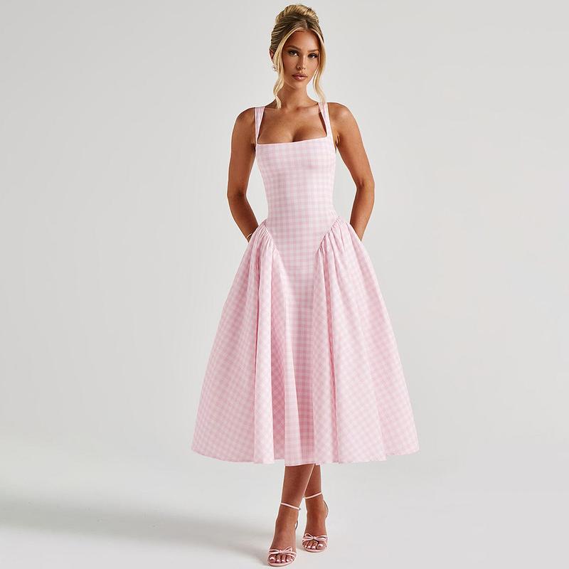 Plaid A-Line Midi Dress for Women's Summer Outfit Adjustable Strap Bodycon Top Flared Hem Casual Elegant Beach Holiday Party Club Dating Dresses