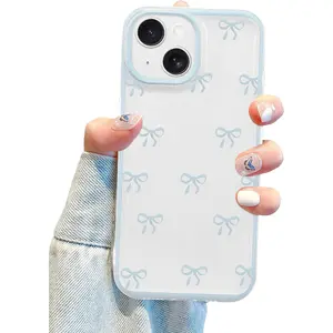 JUSY Clear Bow Phone Case, Cute Ribbon Bowknot Pattern, Aesthetic Soft TPU Transparent Protective Cover Fit iPhone 13 Blue Style