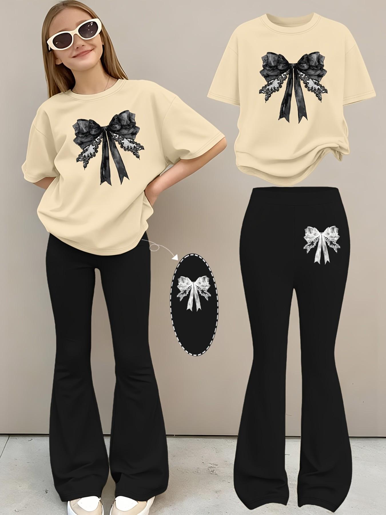 2pcs Girls' Summer Fashion Print Drop Shoulder Short Sleeve T-Shirt + Elastic Bell Pants Set, Comfortable Soft Sweat Absorbing Round Neck T-Shirt + Casual Bell Pants