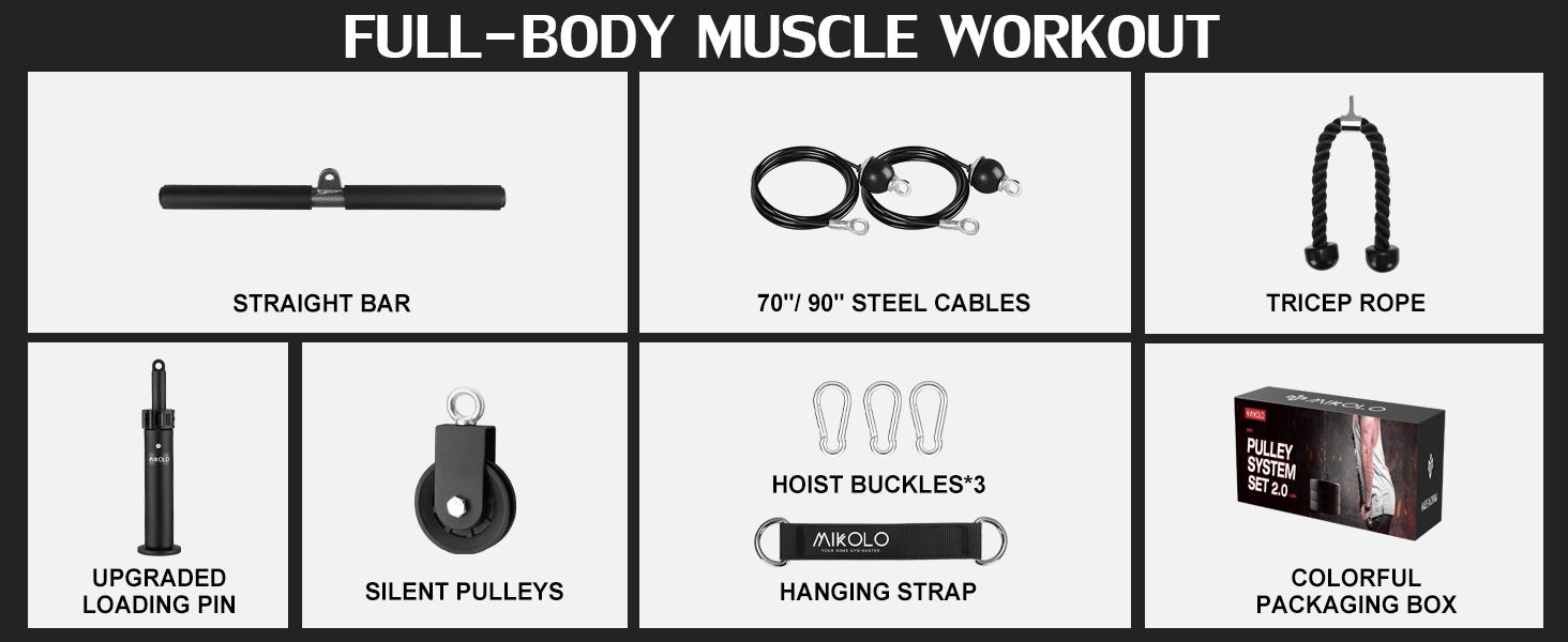 MIKOLO Fitness LAT and Lift Pulley System, Dual Cable Machine(70'' and 90'') with Upgraded Loading Pin for Triceps Pull Down, Biceps Curl, Back, Forearm, Shoulder-Home Gym Equipment(Patent)MIKOLO Outdoorfun