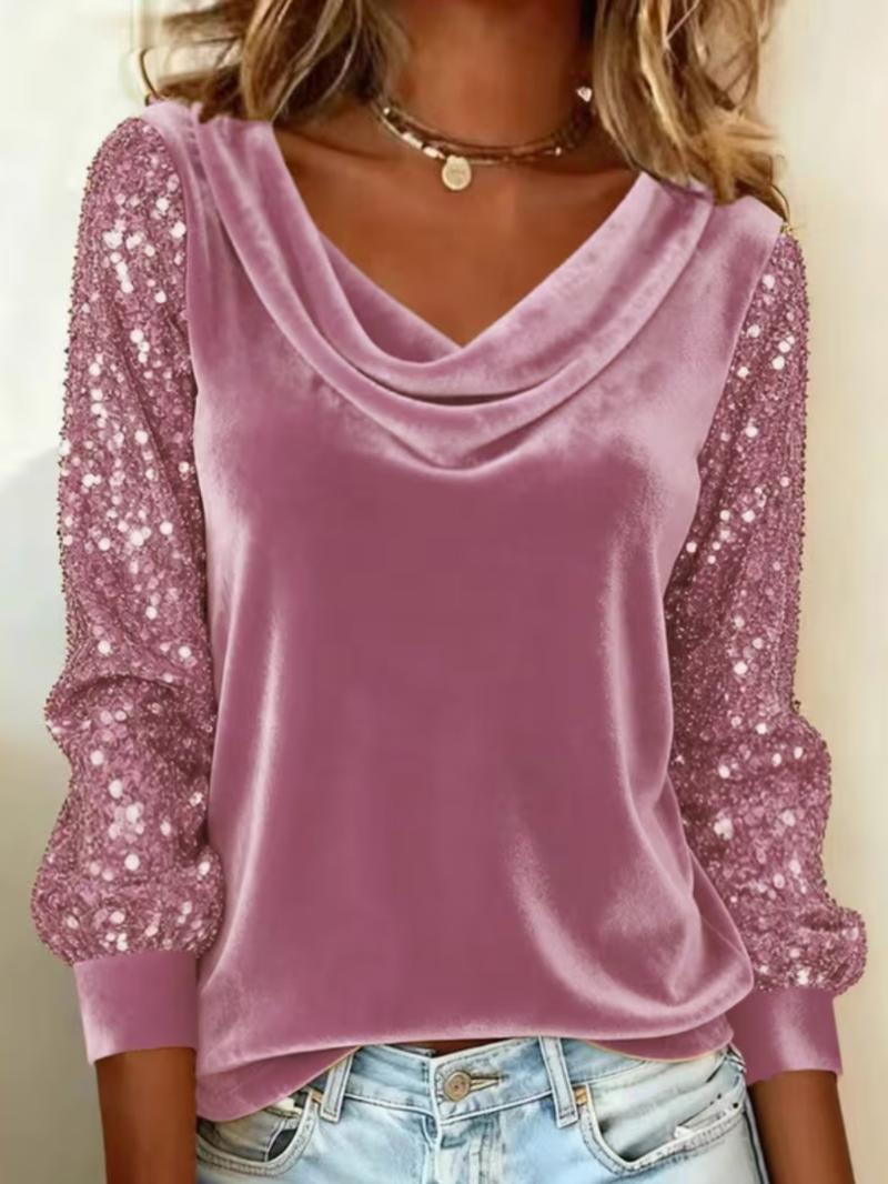 Women's Fashion Plus Size Velvet Puff Collar Long Sleeve T-Shirt, Sequin Patchwork Top, Casual Style, Comfortable Fit