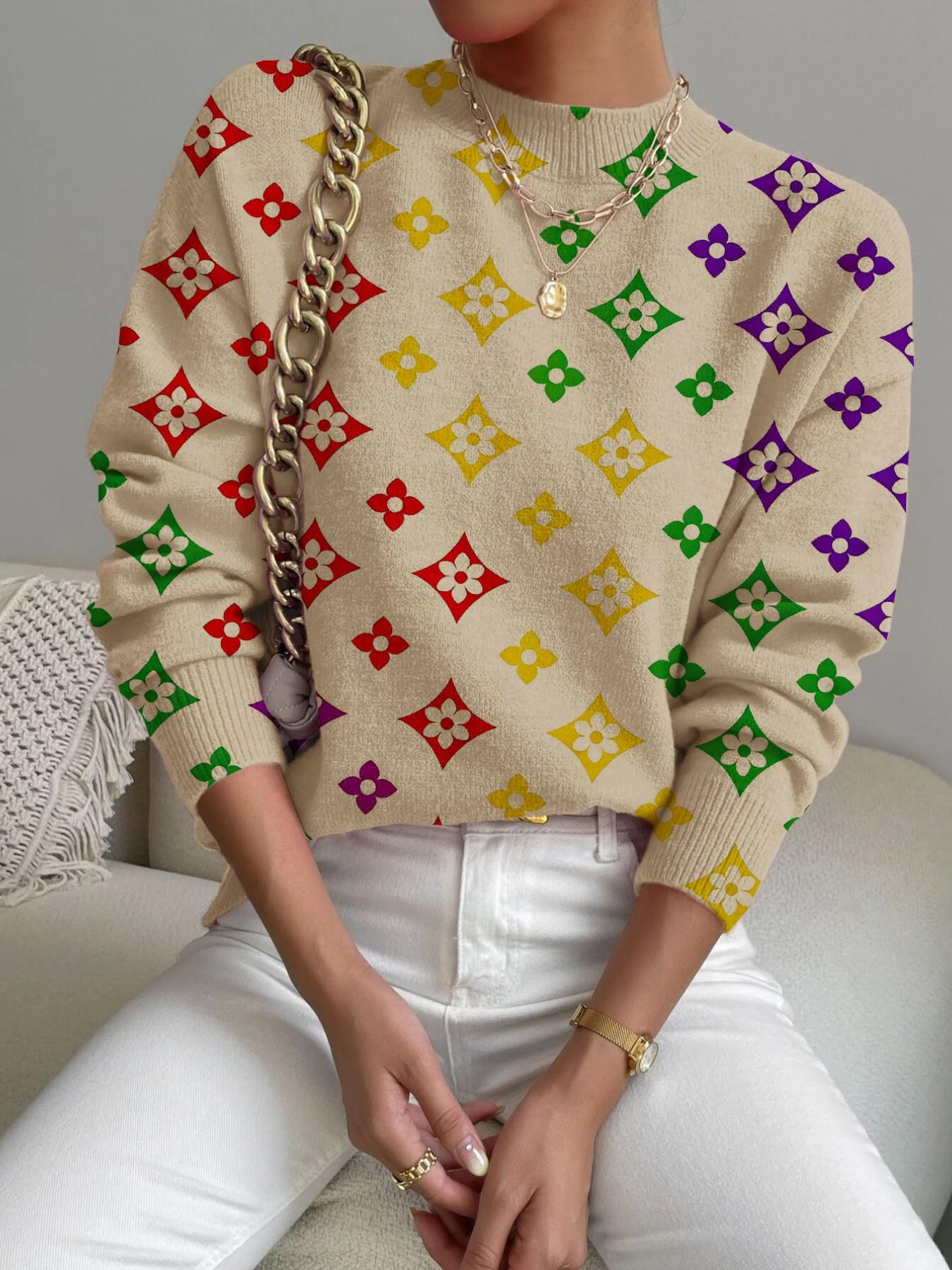 Women's Geometric Pattern Mock Neck Sweater, Fall Winter Casual Long Sleeve Knitwear, Comfortable Warm Daily Wear