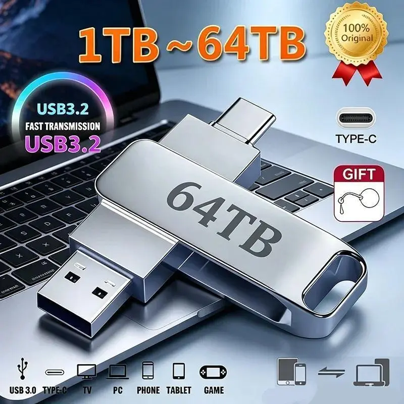 64TB Metal Flash Drive USB 3.2 High Speed Transfer Portable Waterproof U Disk Type-C Memoria USB Stick For Phone Computer Car