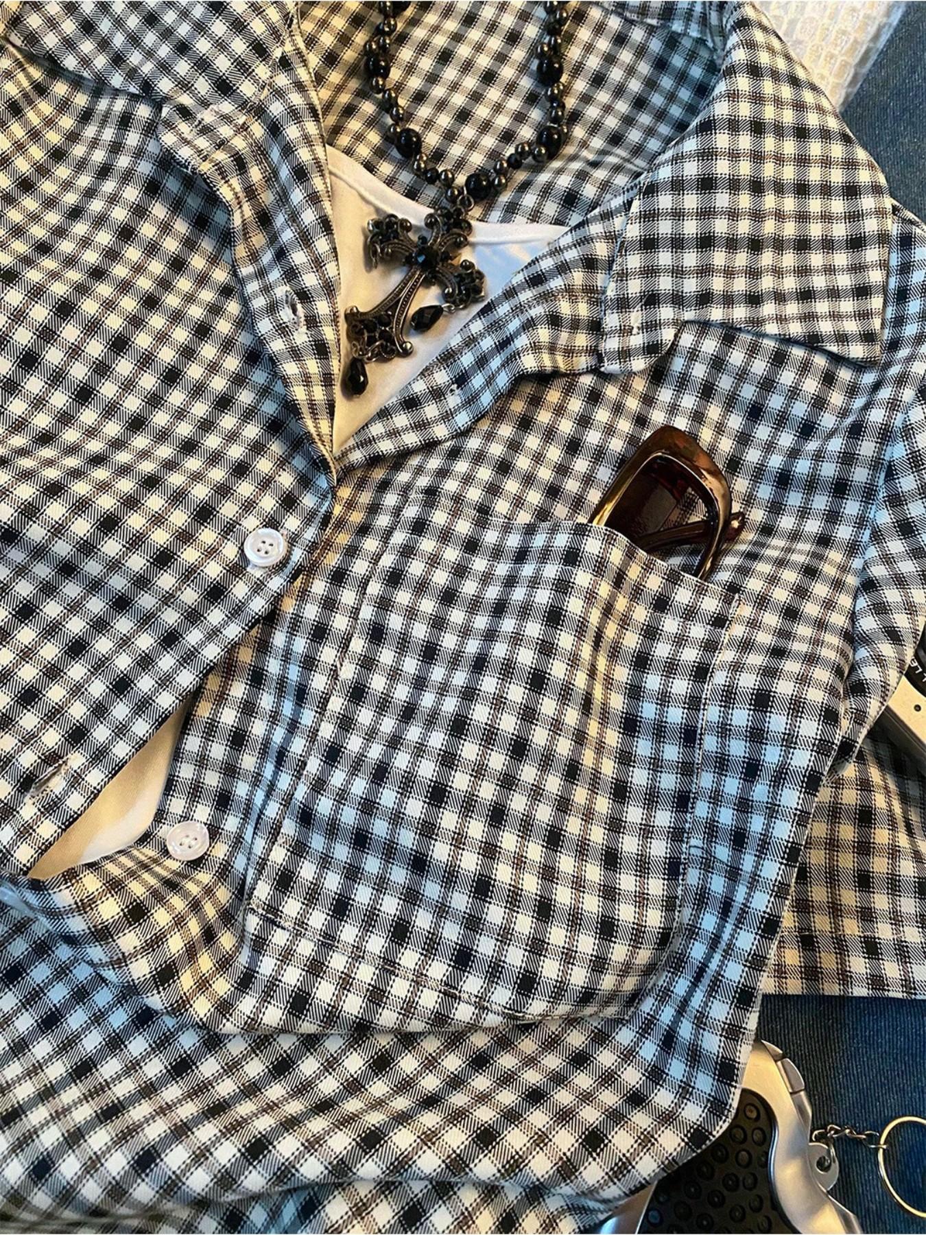 Women's Casual Retro Vintage Plaid Short Sleeve Shirt Blouse, Polo Neck Design, Comfortable Style, Casual Collared Top, Ideal for Daily Wear, Back-To-School Season, Casual Basic Top