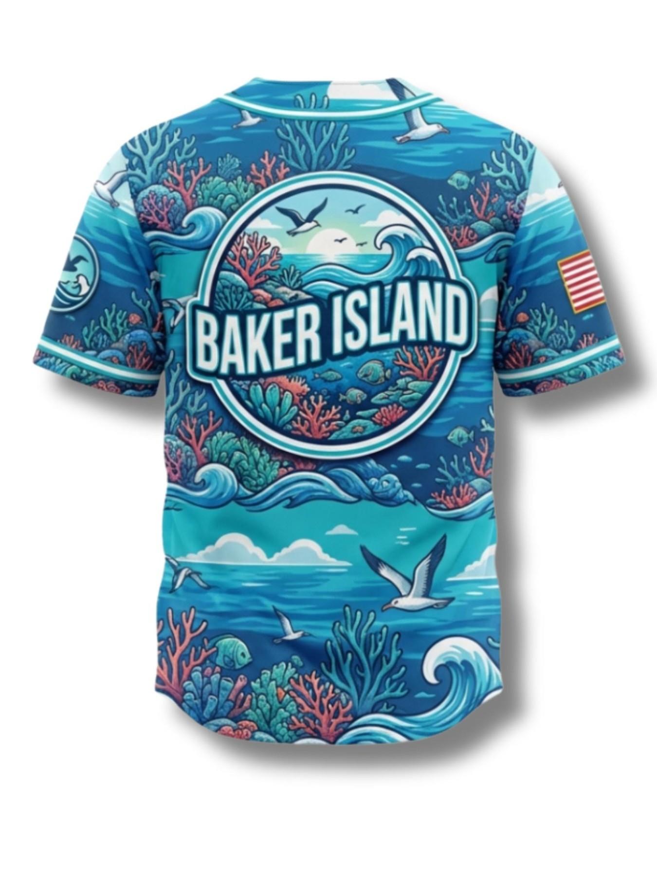 Unisex Casual Baseball Shirt, Jarvis Island Tropical Sports Tee, Baker Island Coral Reef Print, Button Front Short Sleeve, Loose Fit