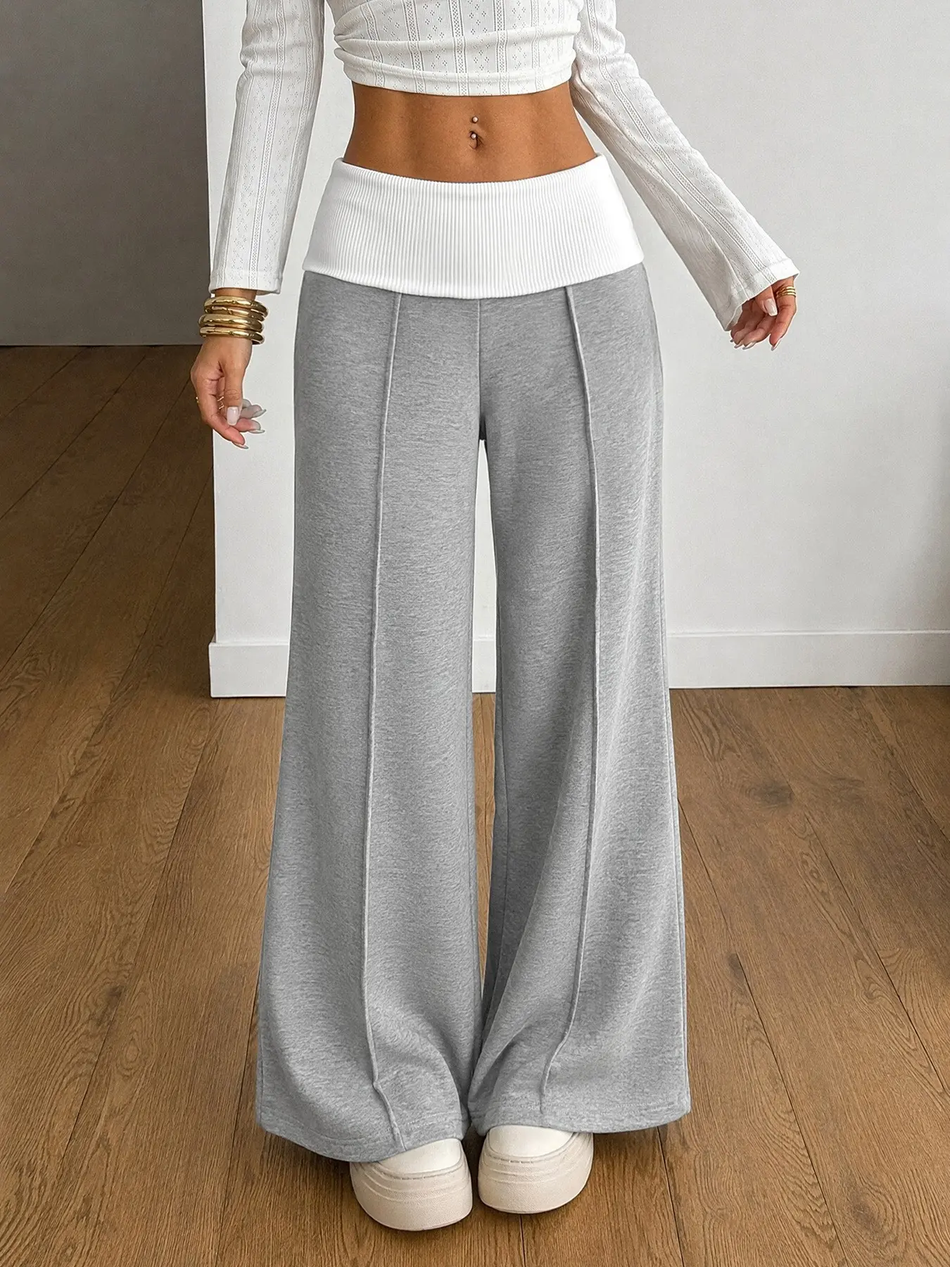 American Style Casual Colorblock Wide Waist High-Waisted Wide-Leg Pants, Front Center Seam Drop Sensation Loose Micro Flare Sport Long Pants