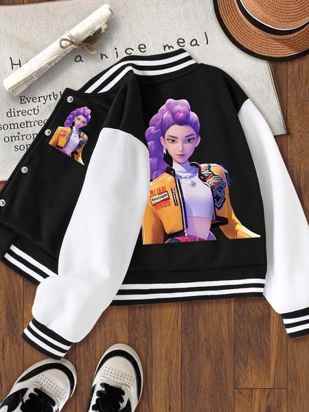 Girls' Short Baseball Jacket Coat, Cartoon Design, Elastic Fabric, Fitted Style, Collared Jacket, Fall & Winter School Uniform Outerwear