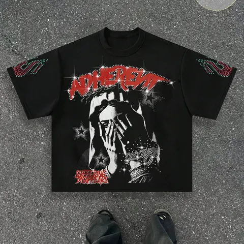 Unisex Adherent Rhinestone Loose T-Shirt, Religious Figure Print, Rhinestone Letters, Soft Fabric, Gothic Hip-Hop Style, Streetwear