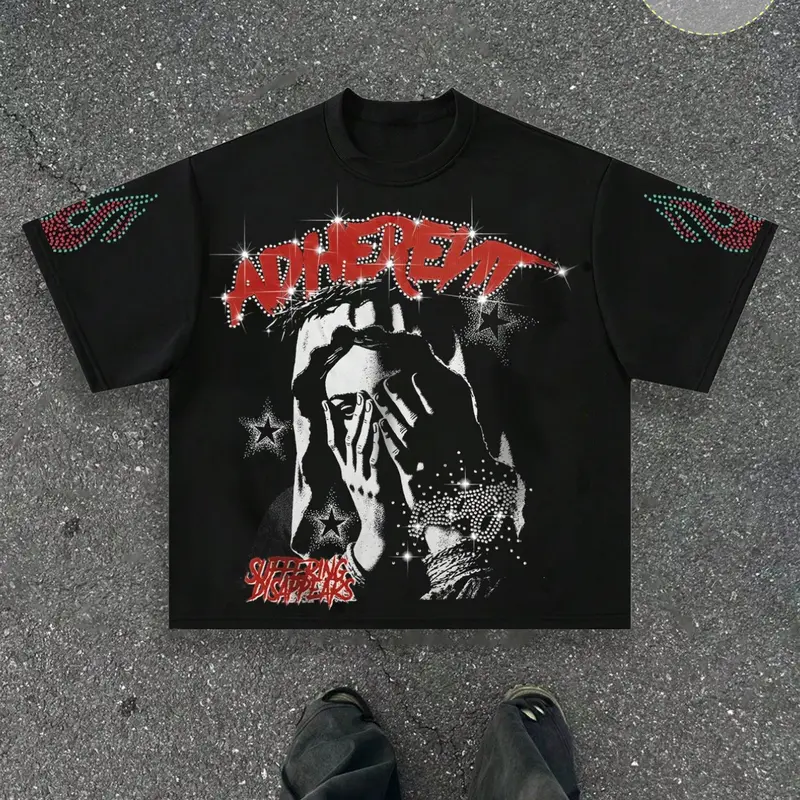Unisex Adherent Rhinestone Loose T-Shirt, Religious Figure Print, Rhinestone Letters, Soft Fabric, Gothic Hip-Hop Style, Streetwear