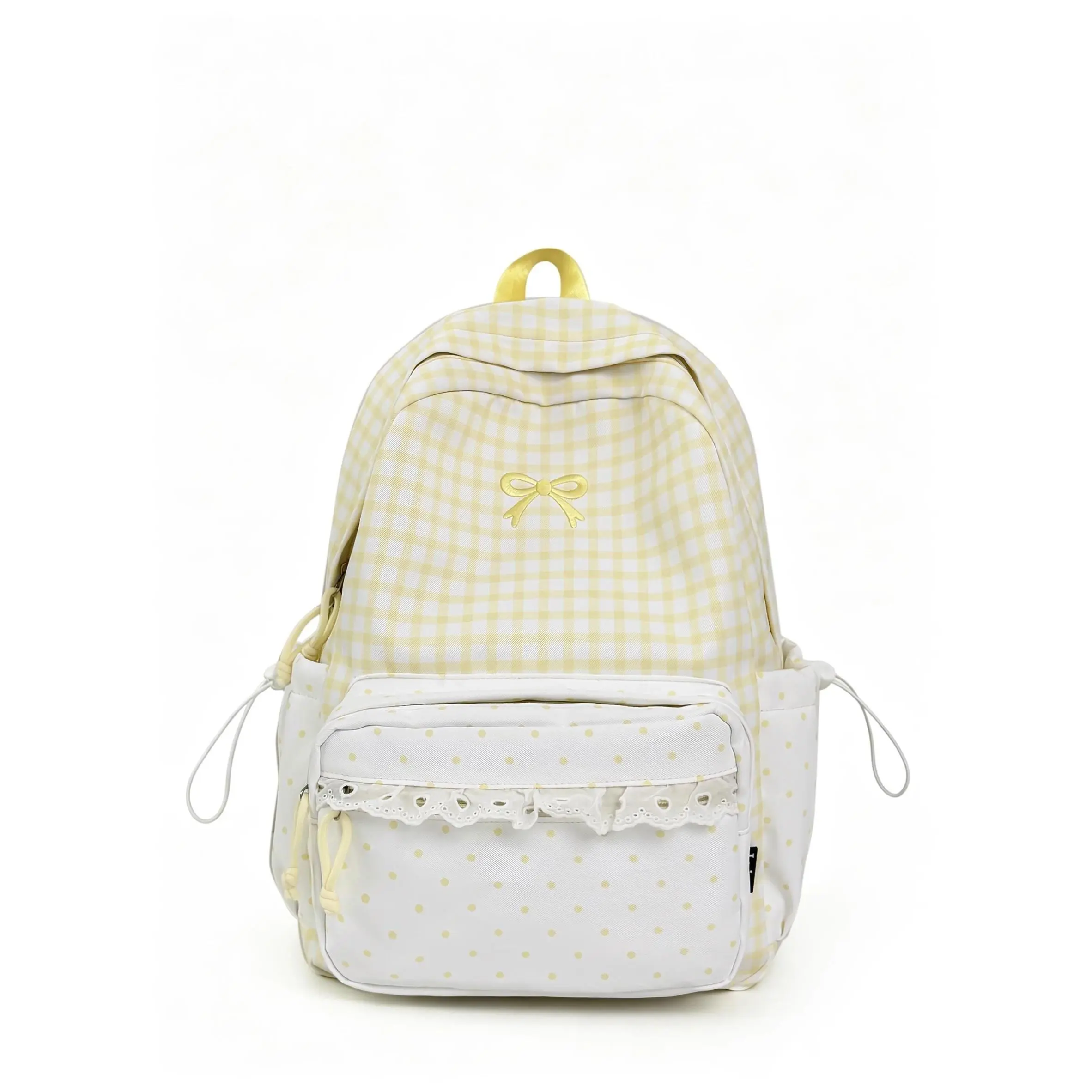 Sweet Pink Gingham Polka Dot Backpack Girls Lace Bow Embroidery Student School Bag Large Capacity Travel Shoulder Bookbag