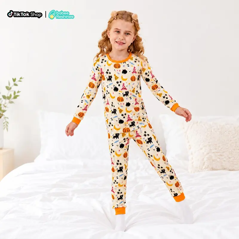 babee Reshinee Halloween Christmas Pajamas for Baby Girl Toddler Kids Jammies, 2-Piece Long Sleeve Bamboo Toddler Girls Pajama Set, Soft Breathable Stretchy, Tagless, Buttery Soft, Cozy Snug Fit Cute Printed Holiday Pjs, Round Neck Sleepwear, 12M-8Y