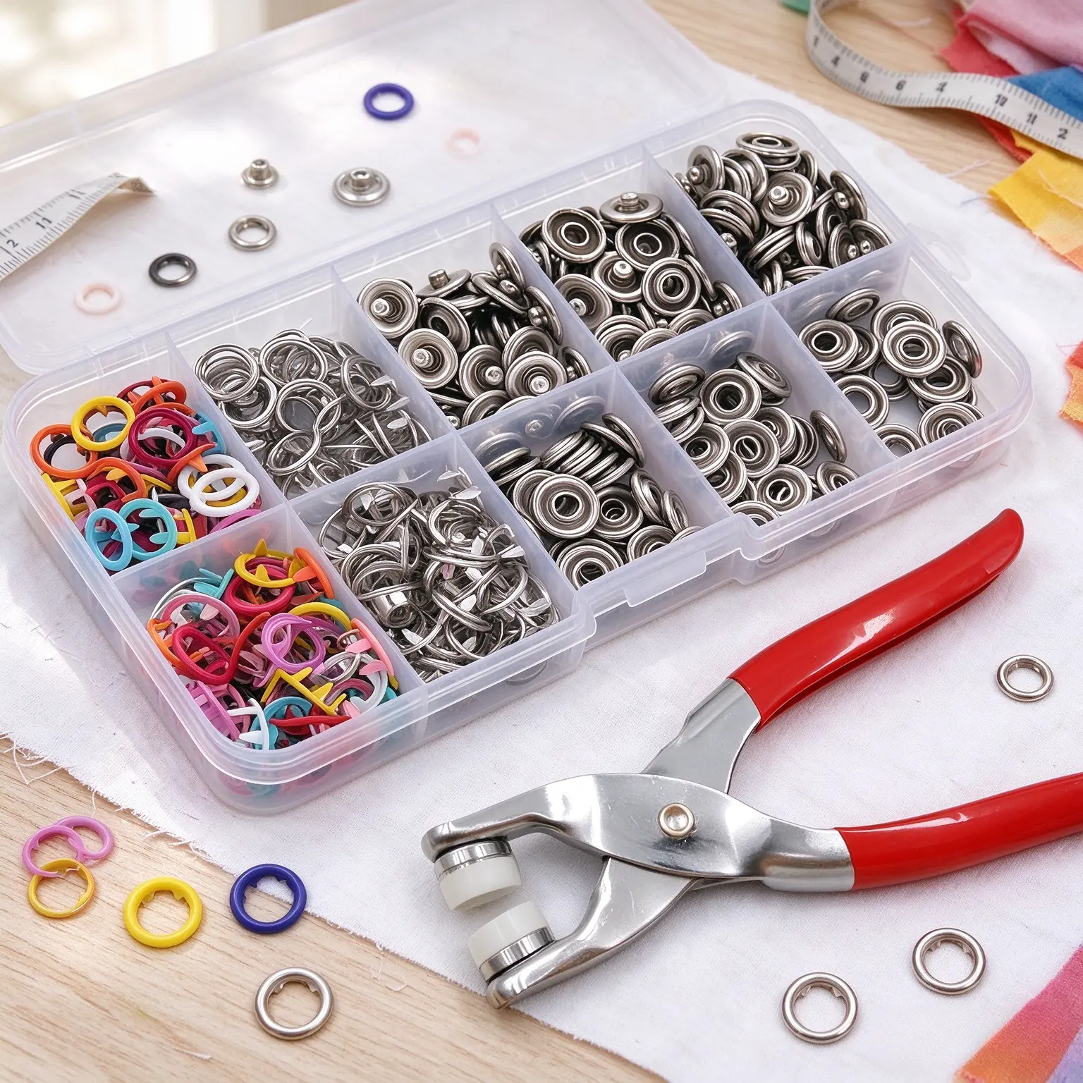 100Pcs Metal Snap Buttons Sewing Kit, 5-Prong Buckle Set with Manual Fastener Press Pliers, Colored Invisible Metal Buttons, DIY Fabric Repair & Craft Tool Set`