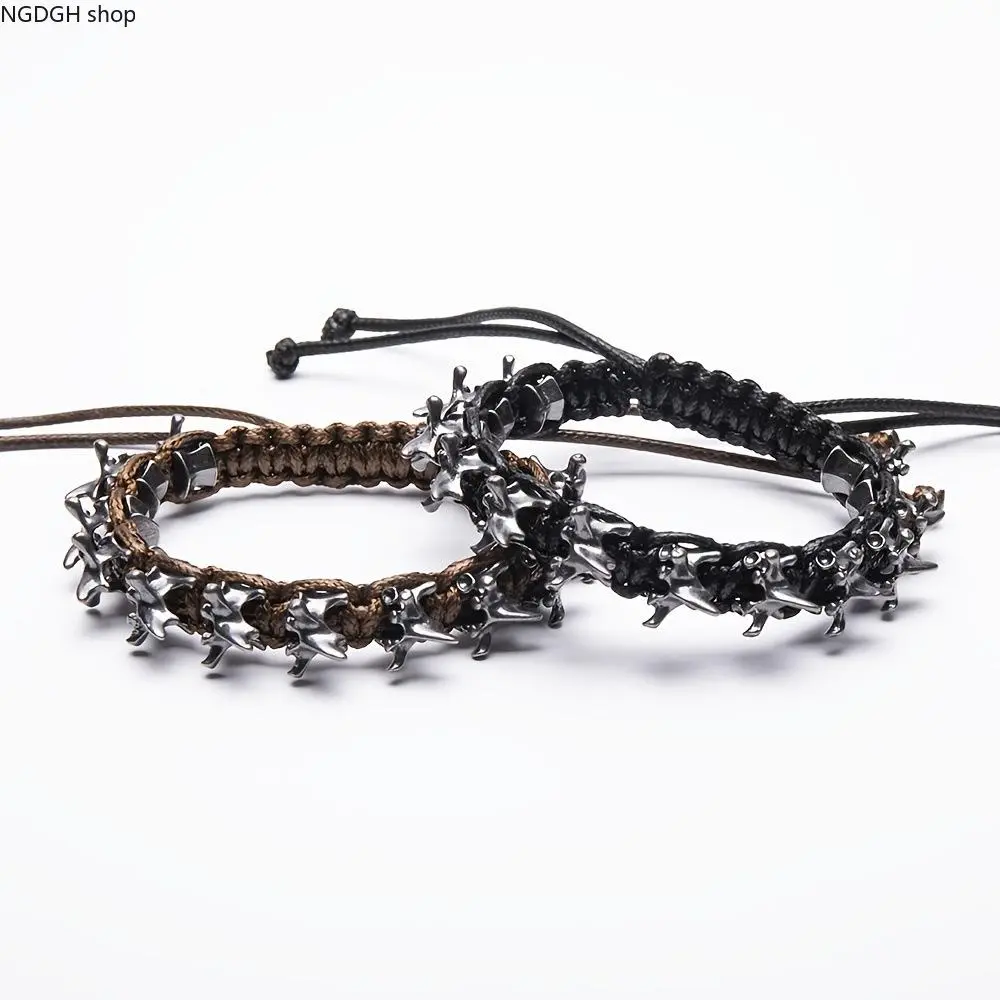 Gothic Spine Bone Braided Bracelet for Men Women, Punk Silver Metal Vertebrae Skeleton Cuff, Vintage Rocker Biker Jewelry for Halloween Cosplay Costume, Adjustable Tribal Shamanic Charm Cool Gift