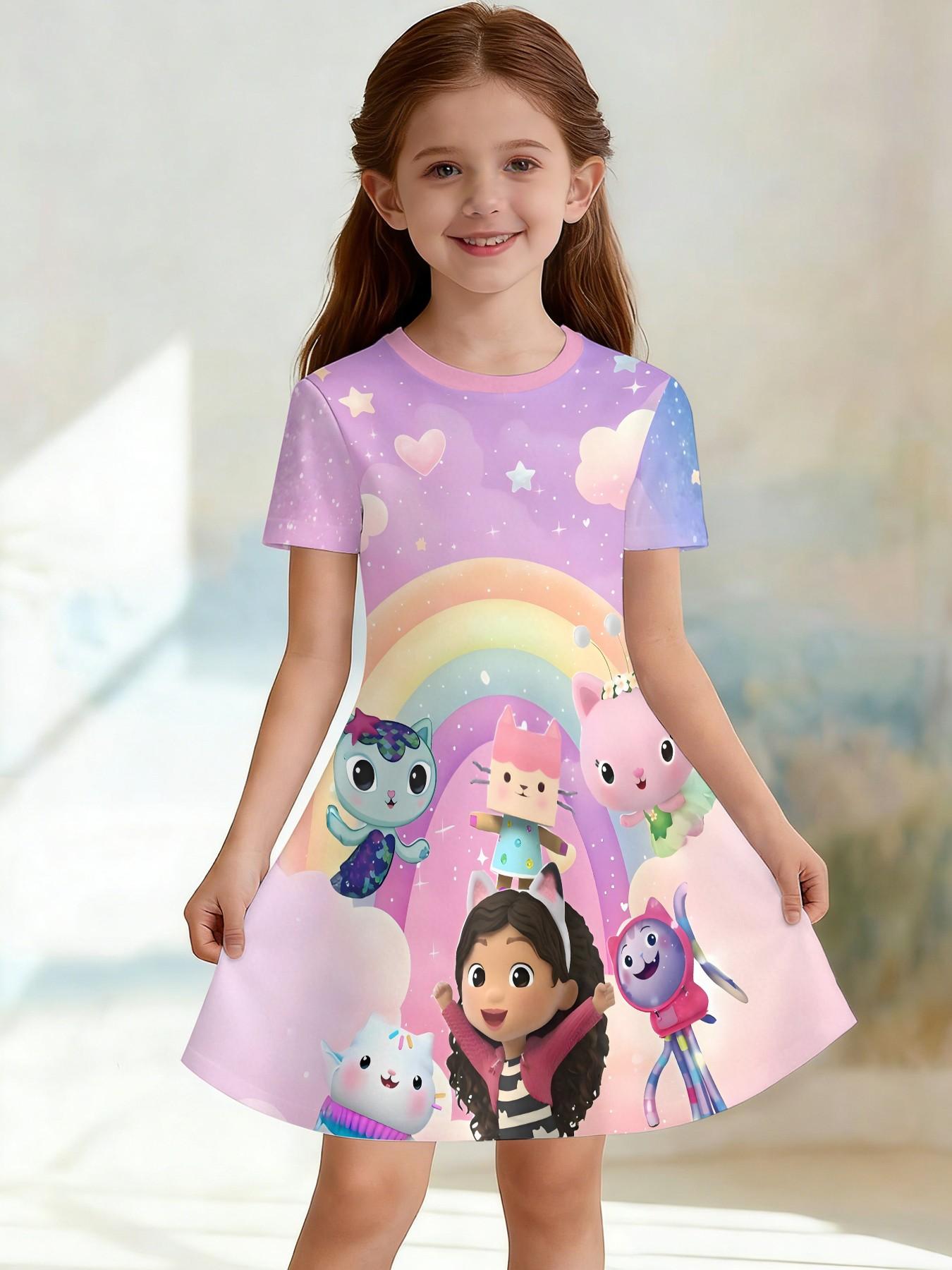 Girls' Gabby Doll House Theme Dress, Summer Fun Short Sleeve Princess Dress, Breathable Casual Dress, Birthday Gift, Holiday Gift