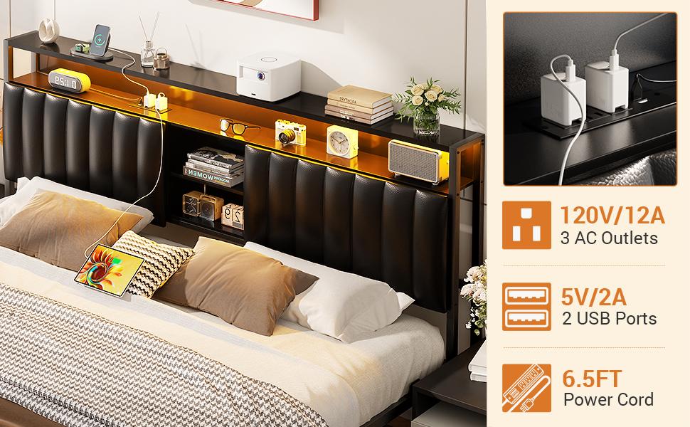 Cyclysio King/Queen/Full Size Bed Frame with Charging Station & Led Lights, Sturdy Metal Platform Bed with Leather Upholstered Headboard and Storage