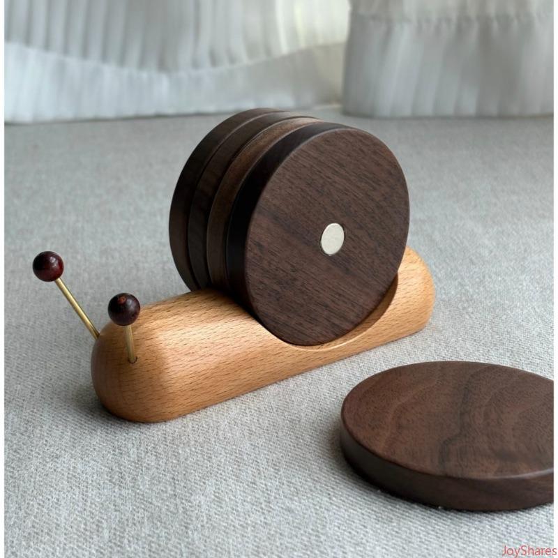 5pcsCreative Snail Shaped Coaster Set, Made Of North American Black Walnut Wood, Heat Resistant Wooden Drink Mats With Exquisite Cute Design For Coffee Table Indoor Household Daily Drink Placement