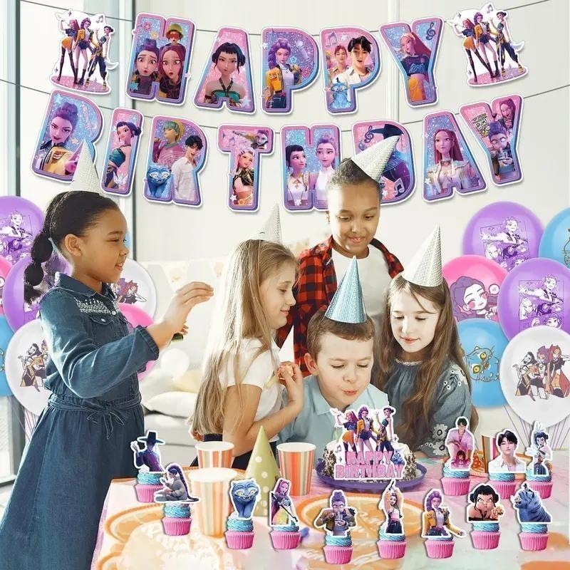 K-Pop Birthday Party Decoration Set - K-Pop Anime Girl - Inspired Background Banner, Balloon and Cake Top, Stickers | Cool K-Pop Theme Party Supplies for Fans, Children and Teenagers, Perfect Gift for K-Pop Hunter Enthusiasts, Mother's Day Gift
