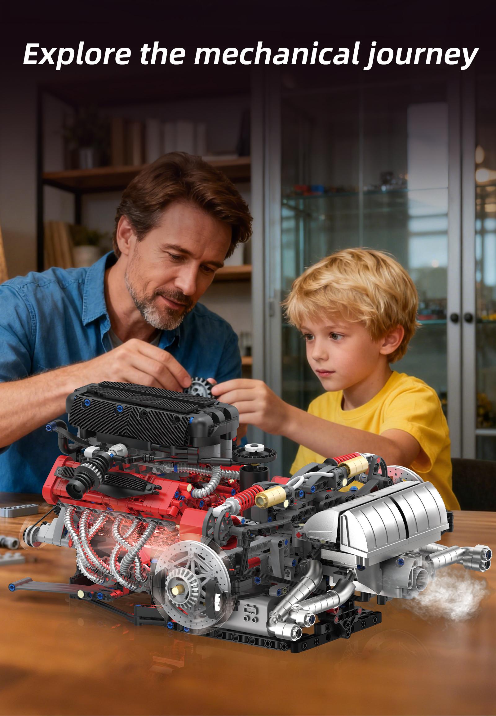 V12 Engine Assembly Kit 1610+ Pieces, LED Lighting & Spray Effect, Remote Control Electric Build Set, Stem Education Model, Ideal Gift