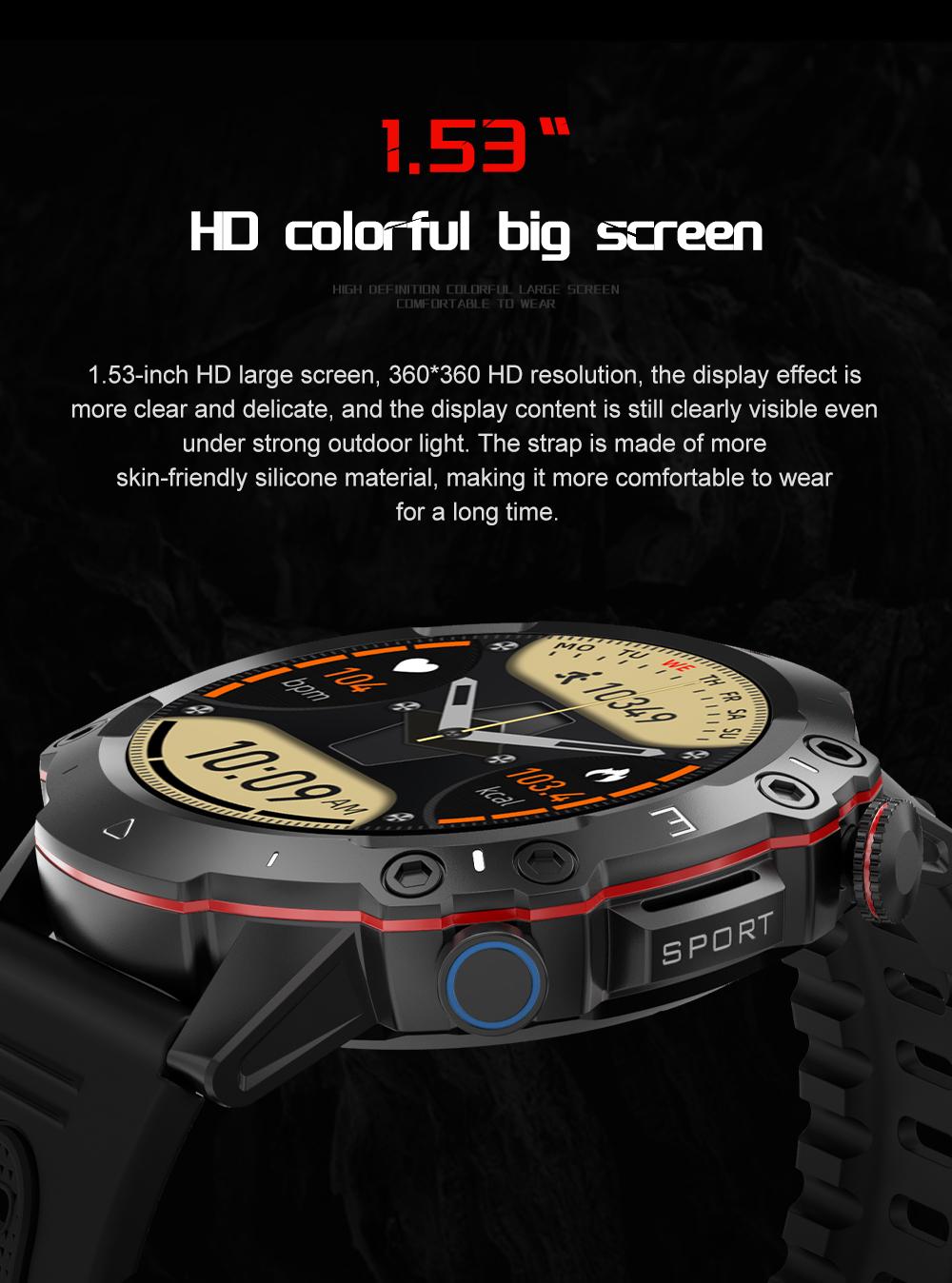 ZW48 Tactical Bluetooth Calling Smart Watch 1.46 Inch HD Round Display LED Flashlight for Outdoor Fitness Daily Wear