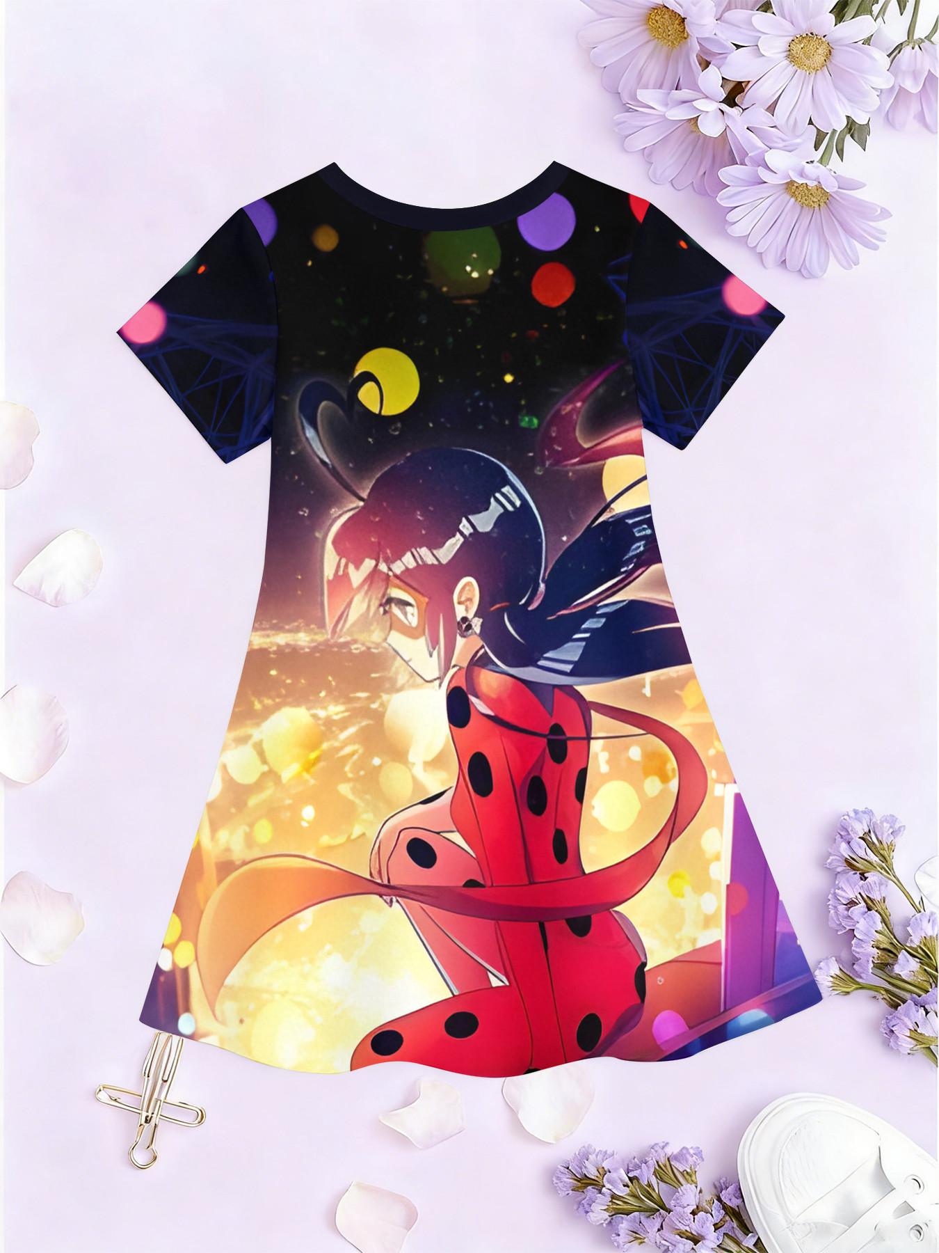 Girls' 3D Short Sleeve Dress, Miraculous Girl Ladybug Full Print, Perfect for Parties, Festive Gifts, Birthday Presents