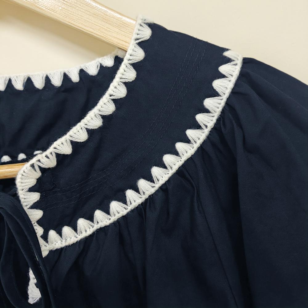 SageVell 100% Cotton Navy Blue Embroidered Blouse with Round Collar & Ruffled Sleeve Tops, Womenswear Casual Style Shirt Fabric Medium Shortsleeve Fitted Crewneck SpringStatements