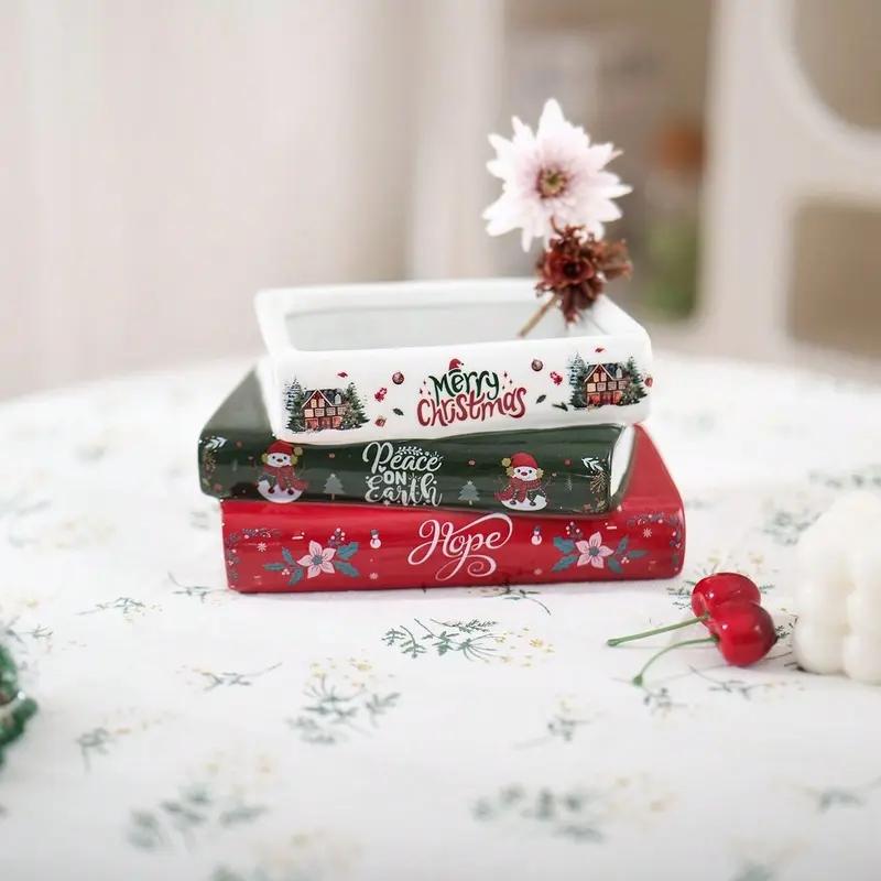 Bohemian Style Ceramic Vase, Christmas Book Stack Design, Ideal for Succulents & Hydroponics, Home Decor, Wedding, Holiday Gift