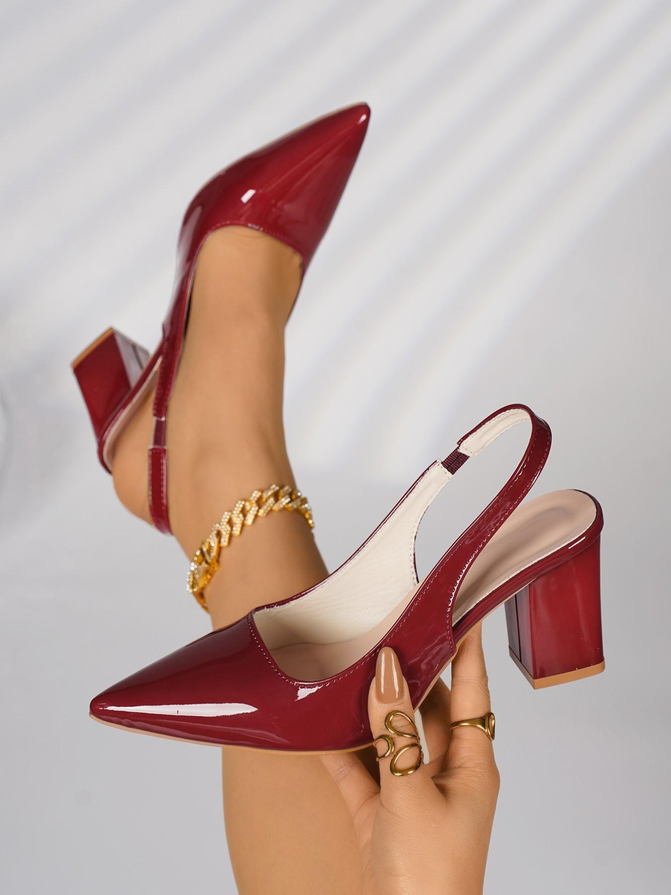 YYW1 Women's Patent Leather Plain Finish Slingback Block Heel Pumps, Minimalist Chic Office-Chic Office Wear Shoes, Rubber Sole Work Heels