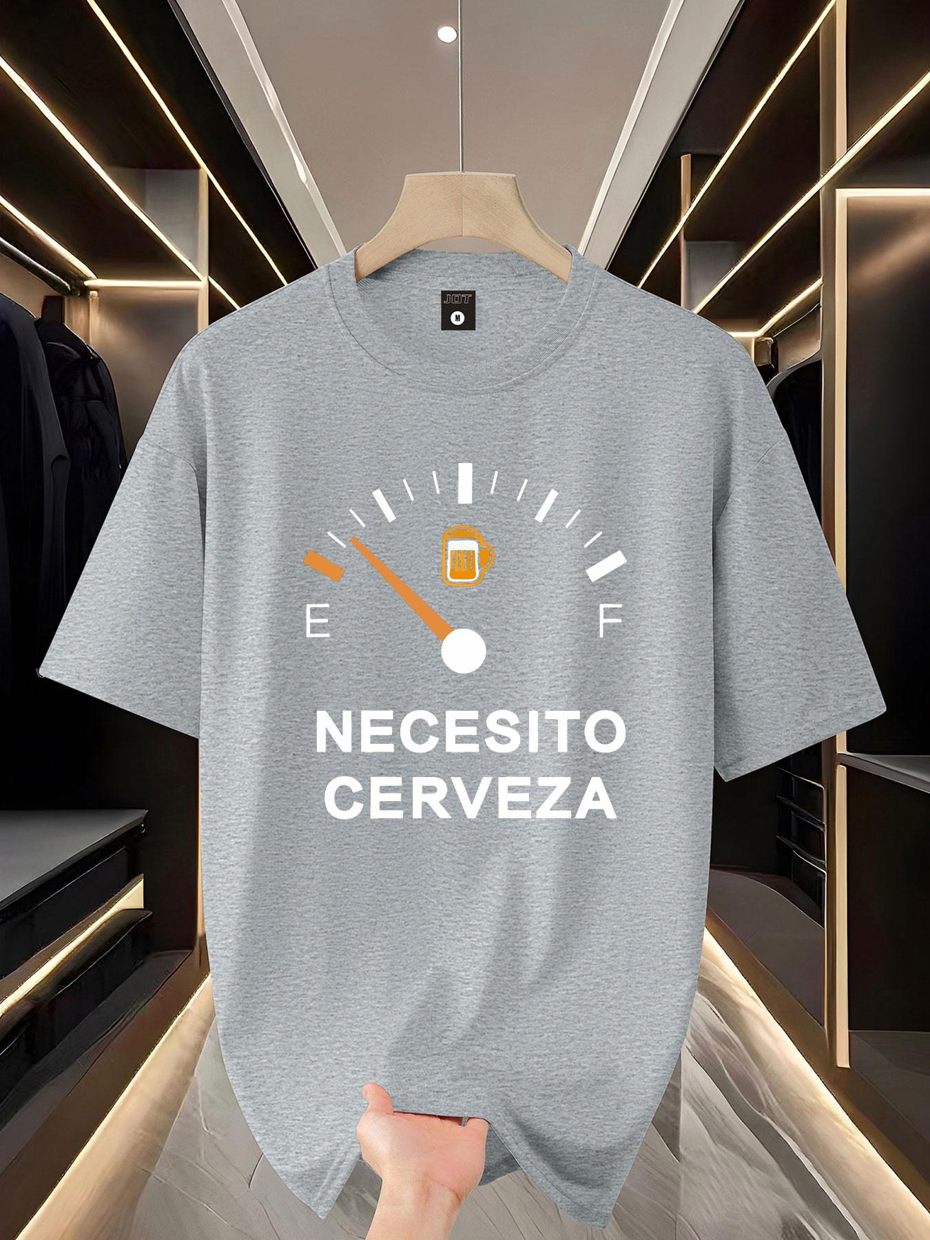 Funny Beer-Themed Short Sleeve T-Shirt, Fun Design with Spanish Text & Gas Gauge Graphic, Perfect for Casual Wear