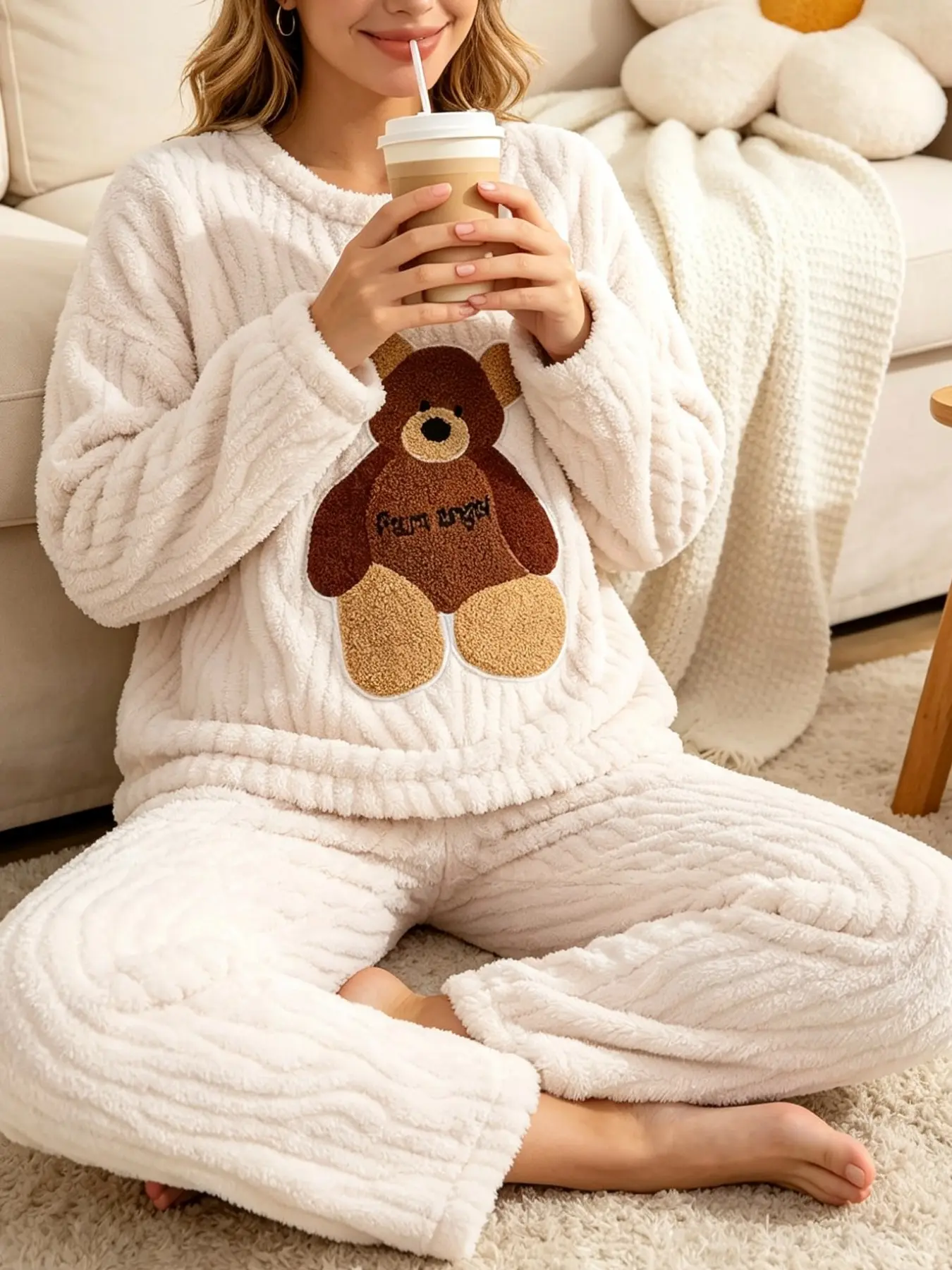 Women's Winter Pajama Set, Flannel Long Sleeve Top and Pants, Cute Bear Embroidery, Cozy Fitted Sleepwear, All over Print