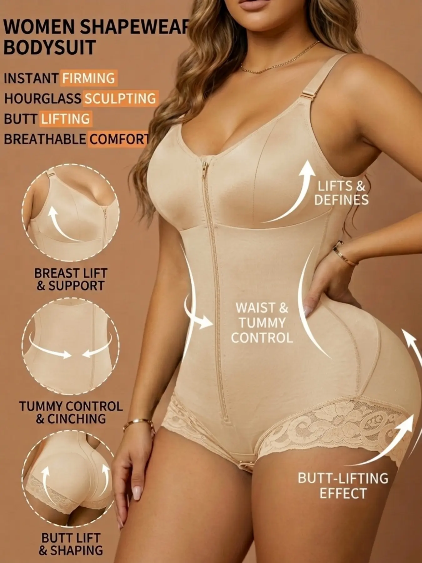 1 Count Butt Lifting And Tummy Control Bodysuit, Colombian Shapewear, Fajas, Hourglass Shapewear Bodysuit, Buckle Zipper Closure, Adjustable Shoulder Straps&Non-slip Silicone Lace Trim Shapewear, Suitable For Training Or Sports