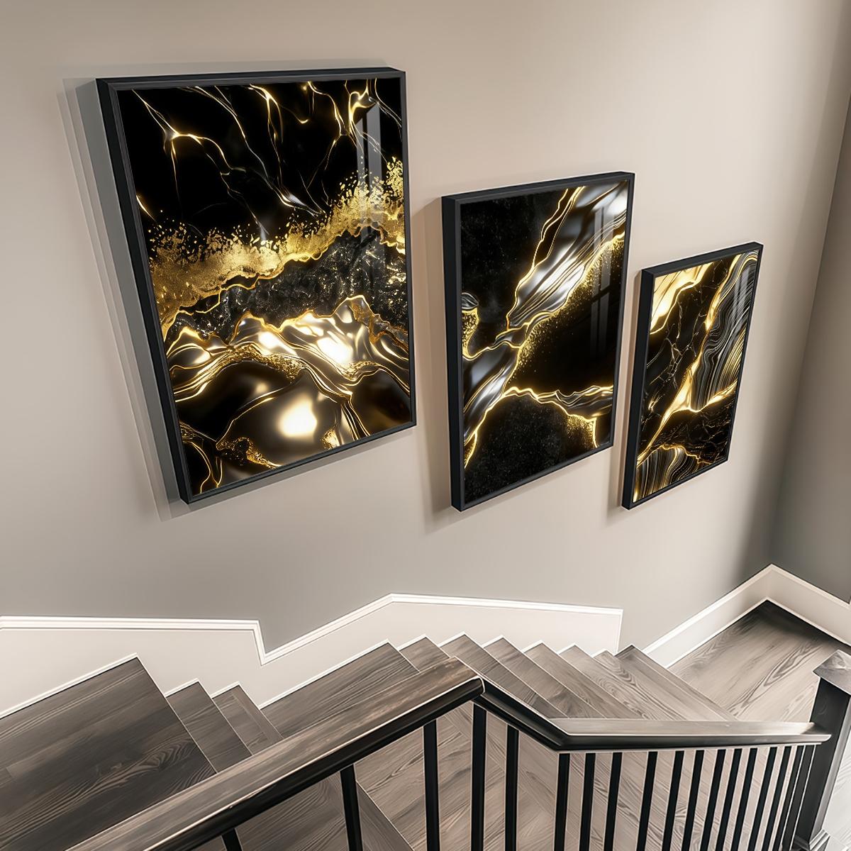 3 Counts Aluminum Alloy Framed Painting, Abstract Black And Gold Fluid Art Pictures, Home Decoration For Living Room, Bedroom, Office, Restaurant, Hallway Wall Decor, Odorless Print Artwork, Luxury Perfect Gift For Friends And Family