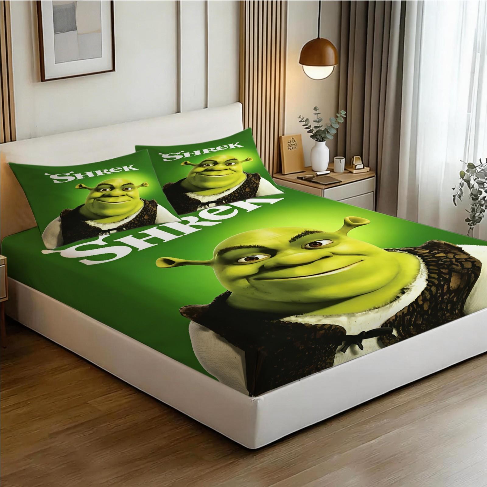 3-Piece Shrek Pattern Fitted Sheet Set, Soft And Durable Bedding Set Including 1 Flat Sheet And 2 Pillowcases, Daily Holiday Birthday Gift Bedroom Decorations For Kids And Adults