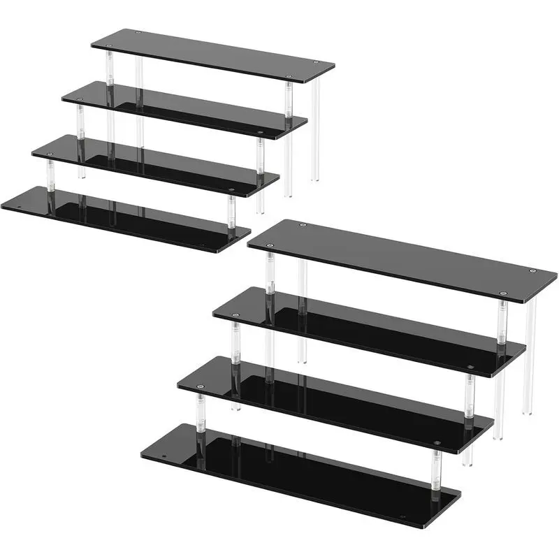 Black Acrylic 4-Tier Display Riser Organizer 2-Pack for Perfume and Cupcakes, Glossy Finish Easy to Install Space Saving Shelf Stand, Cosmetics (Home Organizers
