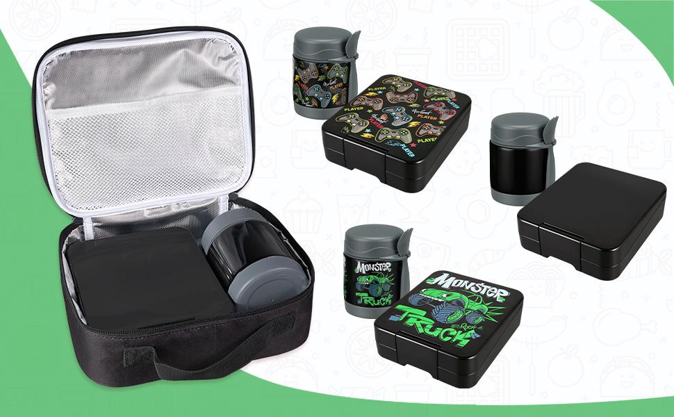 Pawtong Bento Lunch Box Set With 10oz Soup Thermo, Leak-proof Lunch Containers with 4 Compartment, Kids Hot Thermo Food Jar/Insulation Lunch Bag, Food Containers for School