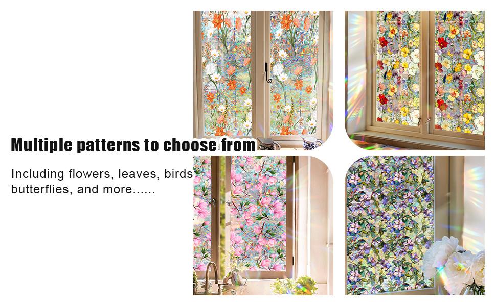 Rainbow Floral Window Privacy Film Sun Blocking 3D Decorative PVC Stained Window Decals Non-Static Cling Sticker for Home Office, 16.93 x 39.37 Inch.