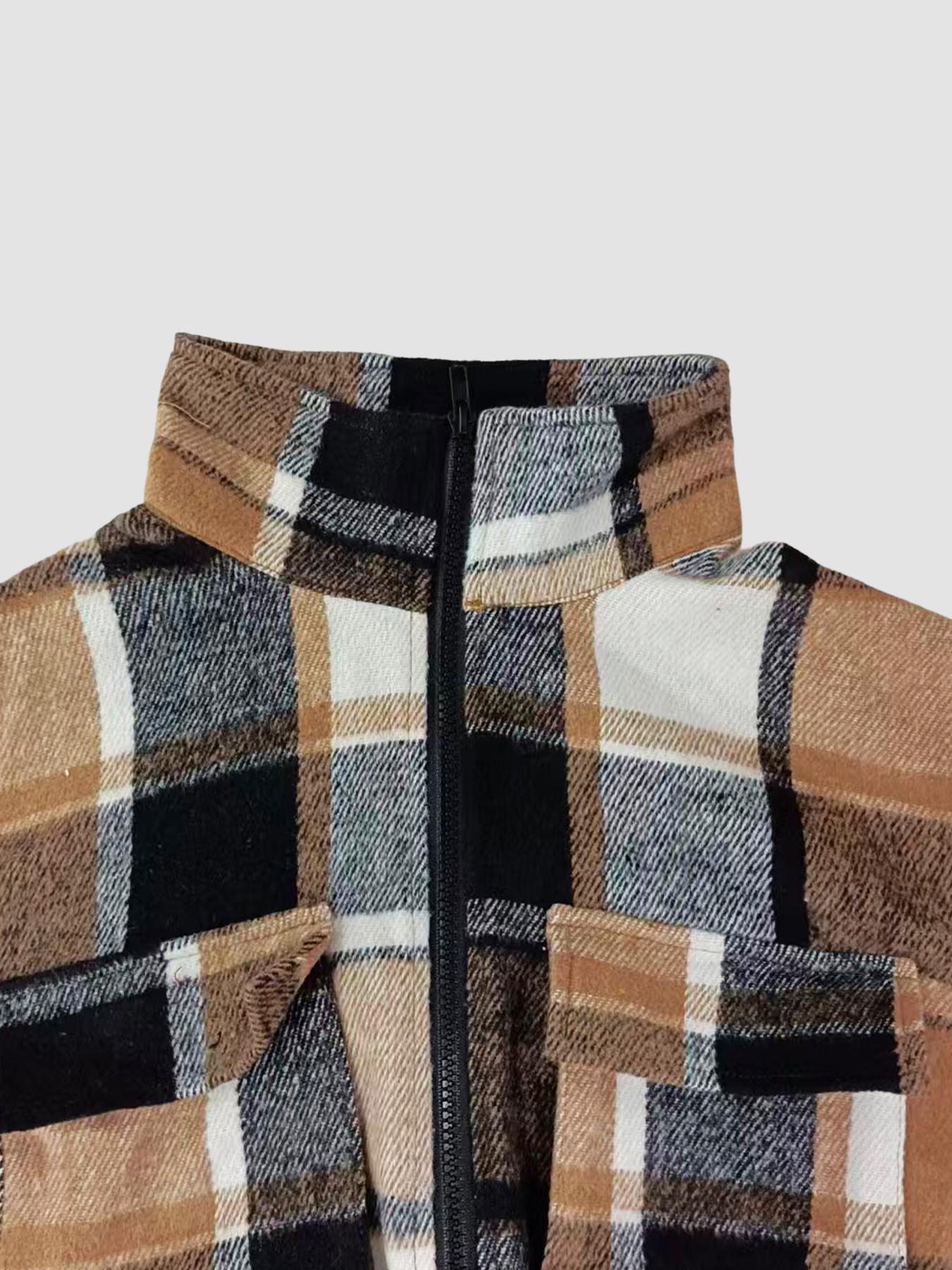 Women's Fall Winter Plaid Button-Front Pocket Jacket, Casual Fitted Long Sleeve Woven Outerwear Coats