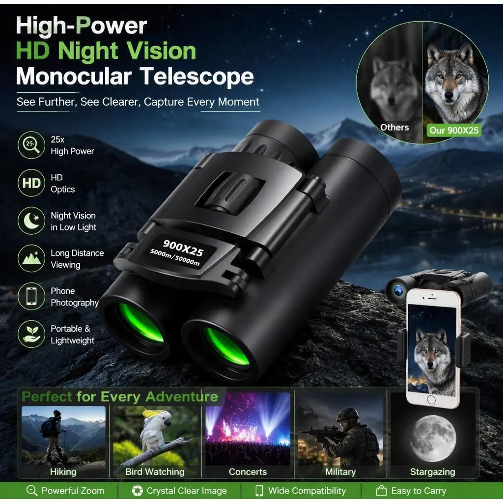 High‑Power HD Night Vision Monocular Telescope, Portable Handheld Zoom Scope for Outdoor Travel, Bird‑Watching, Sports Games, Concerts, Camping, Long‑Distance Viewing & Cell‑Phone Shooting