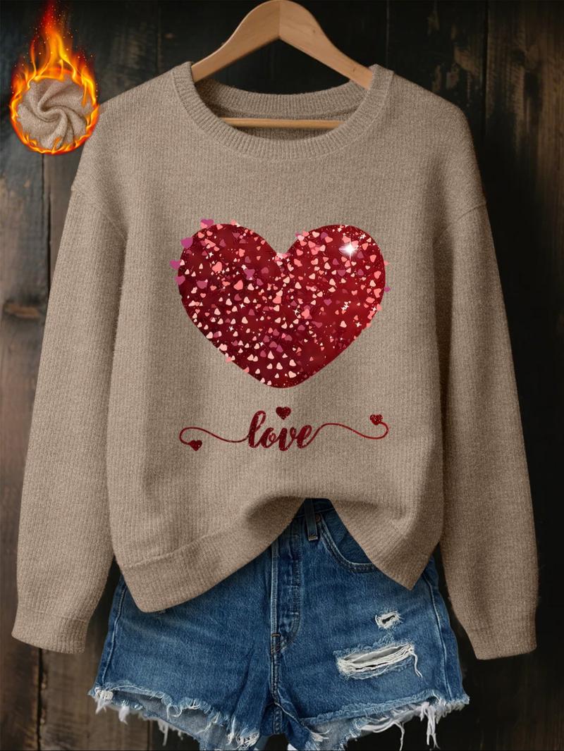 Women's Casual Fashion Round Neck Faux Sweater Top, Heart Letter Print, Comfortable Fall & Winter Wear, H-Type Silhouette