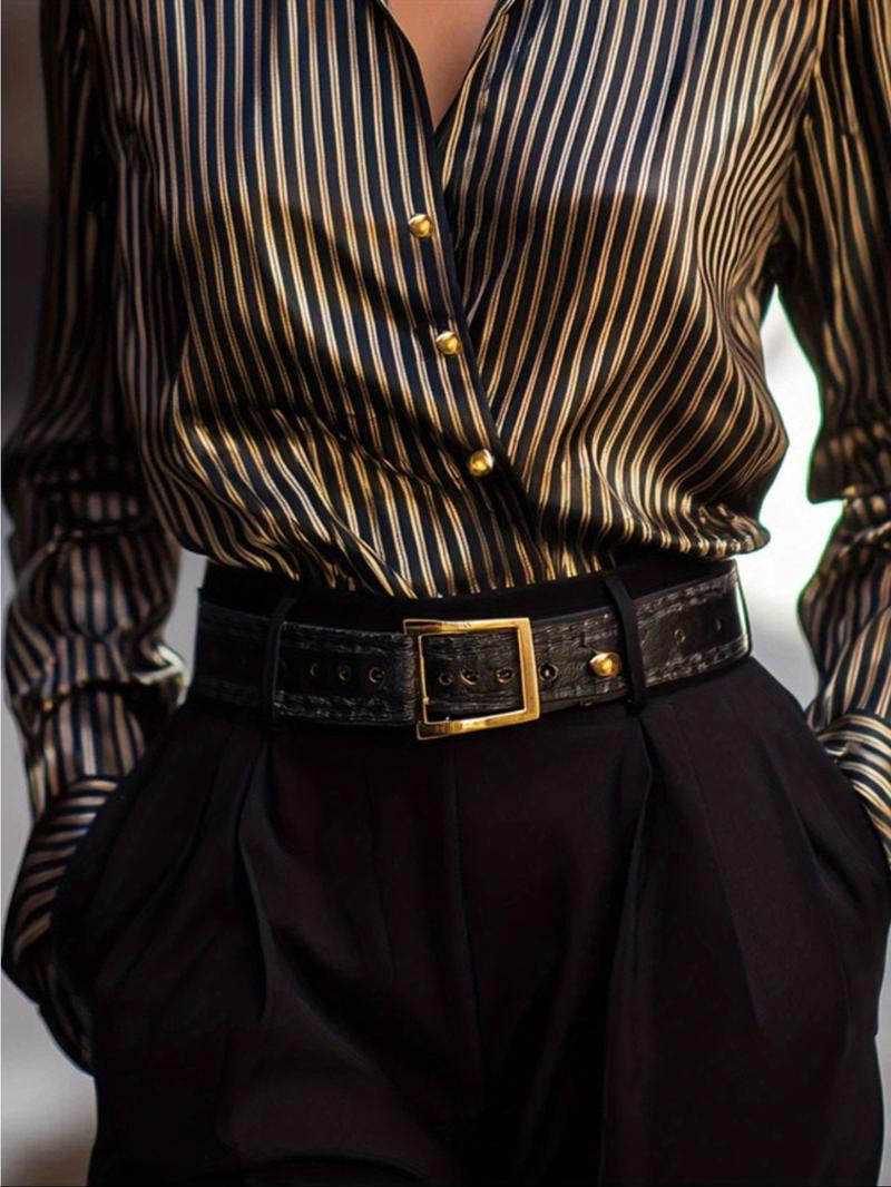 Spring Autumn Long Sleeve Striped Satin Blouse, Metal Buckle Design, Commuter Date Wear, Women's Shirt W0414 Spring Autumn Long Sleeve Striped Satin Blouse, Metal Buckle Design, Commuter Date Wear, Women's Shirt W0414